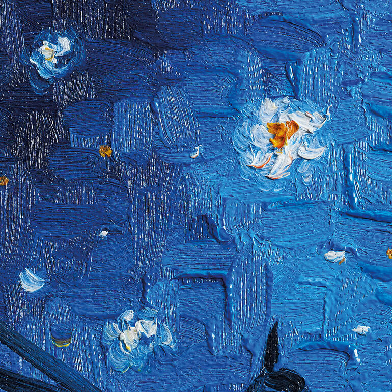 Details einer Nachtlandschaft mit Blumen in der oberen Ecke.