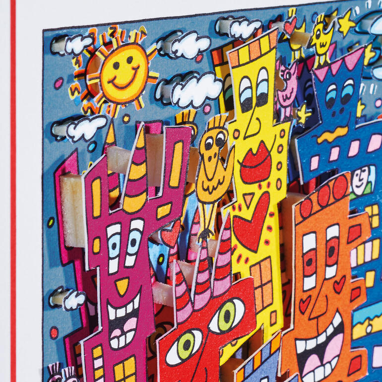 Detailaufnahme von den bunten Häusern aus dem Werk von James Rizzi