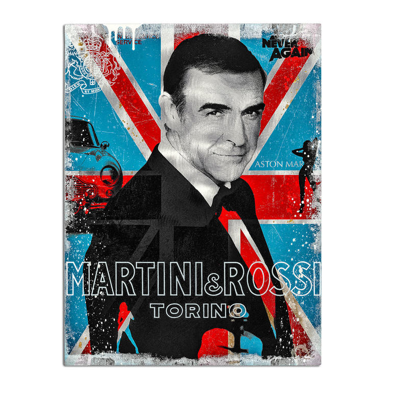 Kunstwerk mit einem Porträt von Sean Connery vor britischer Flagge