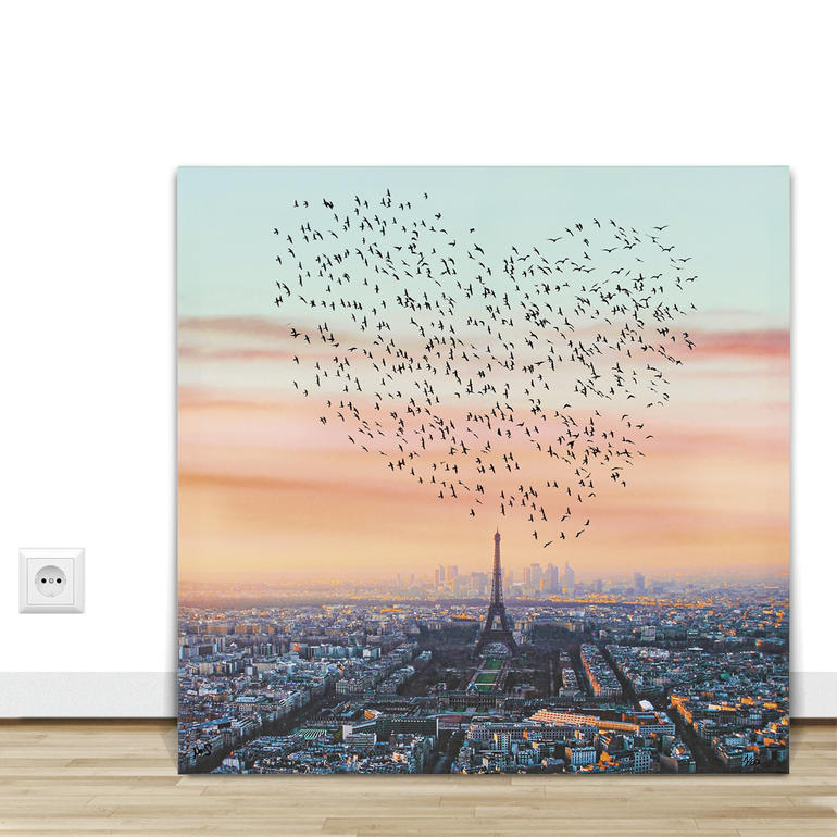 Vogelformation in Herzform über dem Eiffelturm in Paris, präsentiert auf einer Wand.