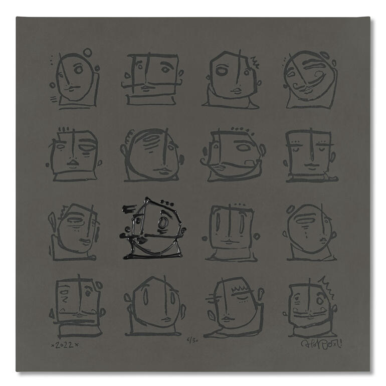 Minimalistisches Kunstwerk mit skizzierten Gesichtern auf grauem Hintergrund.