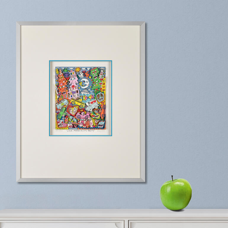 Buntes Kunstwerk mit verschiedenen Figuren und Motiven in einem Raum.