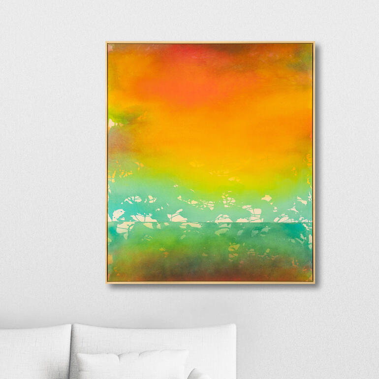 Abstraktes Gemälde mit orange-gelbem Himmel und grün-blauem Untergrund