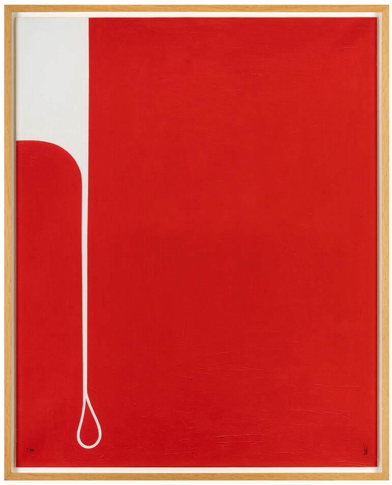 Abstrakte rote und weiße Malerei mit geschwungener Linie.