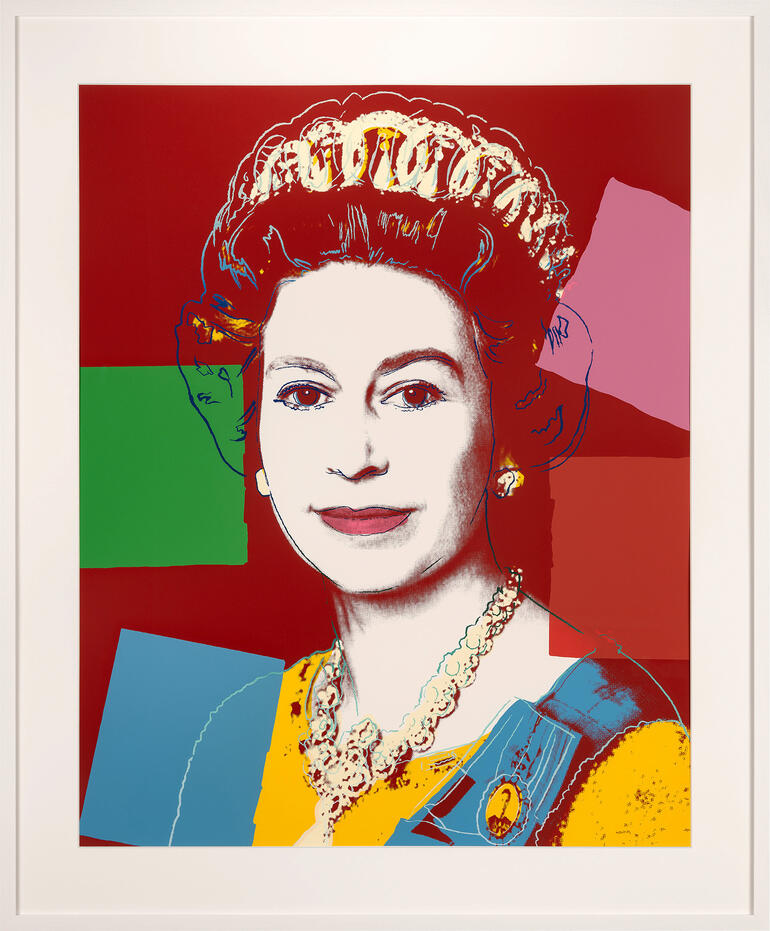 Pop-Art-Darstellung von Königin Elizabeth II., leuchtende Farben und grafische Elemente.