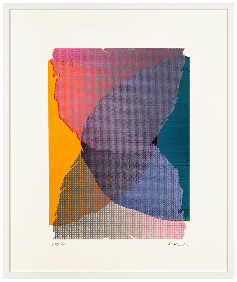 Kunstwerk mit abstrakten, bunten Formen auf Papier.
