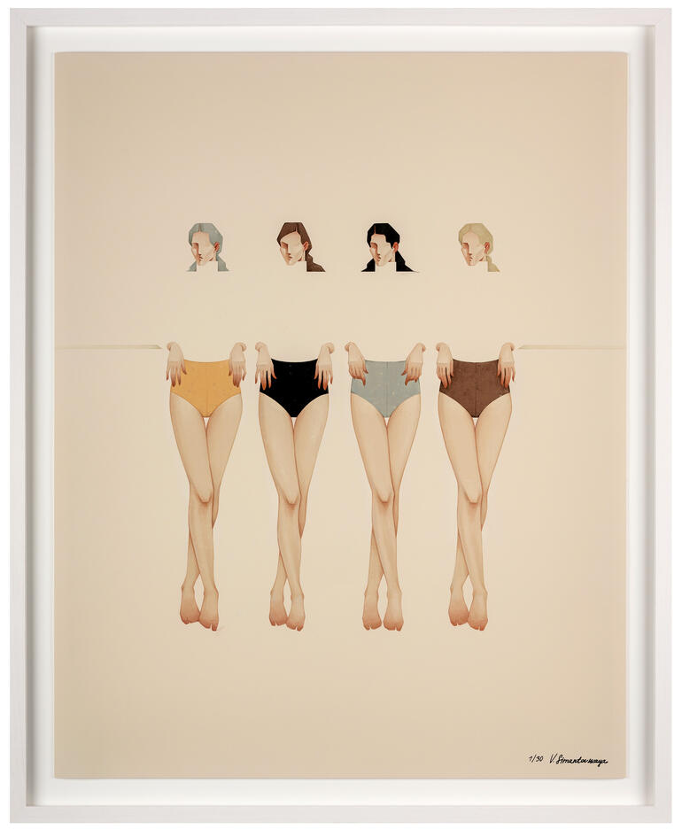 Kunstwerk mit einer Gruppe von Tänzern in Bademode, die an einer Leine hängen, vor einem hellen Hintergrund.