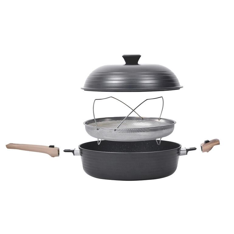 8-in-1 Multipfanne mit abnehmbaren Teilen und Deckel.
