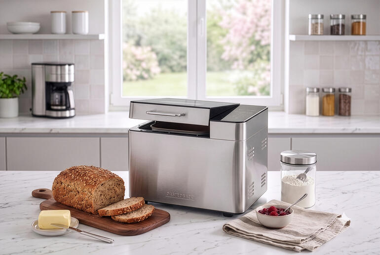 Gastroback Brotbackautomat mit frisch gebackenem Brot auf einem Tisch.