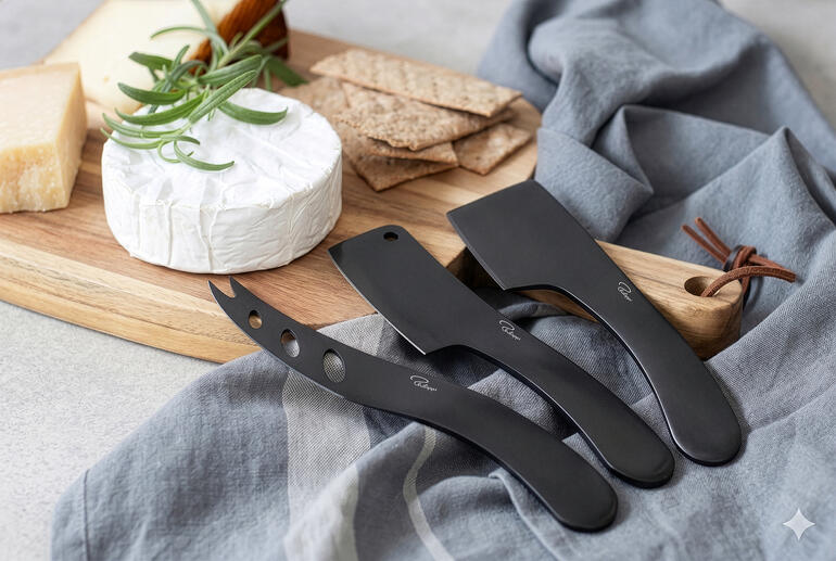 Drei Käsemesser auf einem Holzbrett mit Snacks