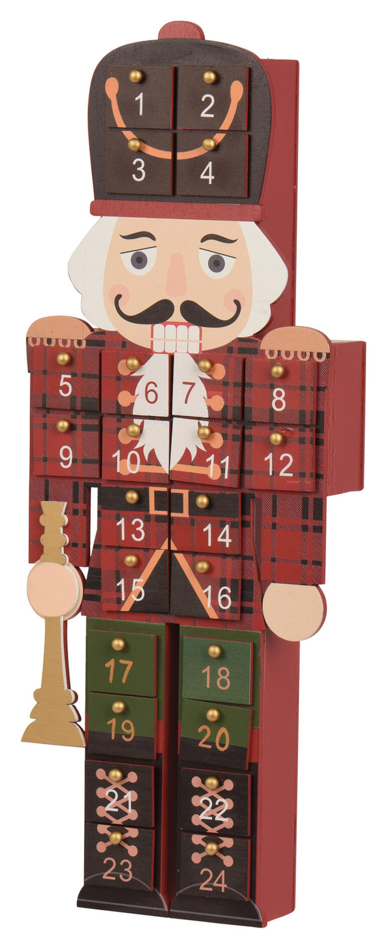 Adventskalender Nussknacker mit sichtbaren Türchen und weihnachtlicher Dekoration.
