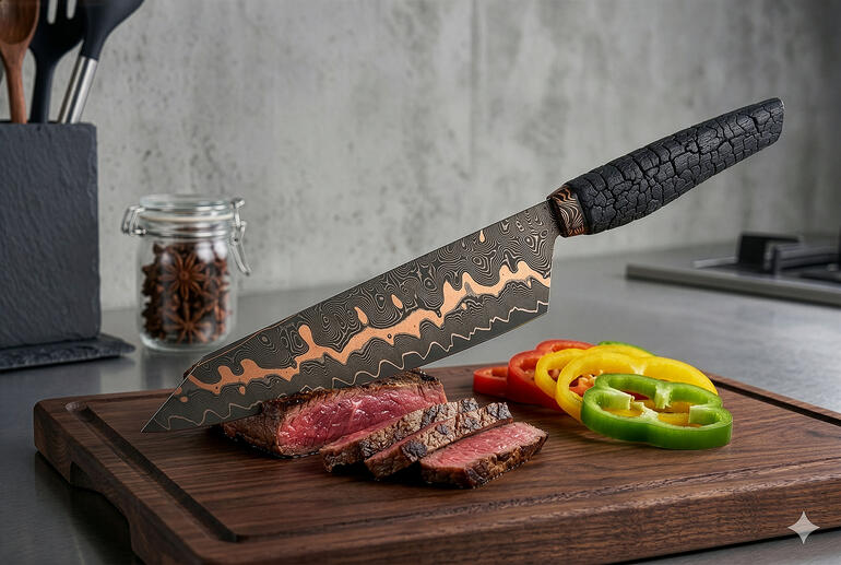 Kochmesser mit geschwungenem Klingenprofil und Holzgriff, neben geschnittenem Fleisch