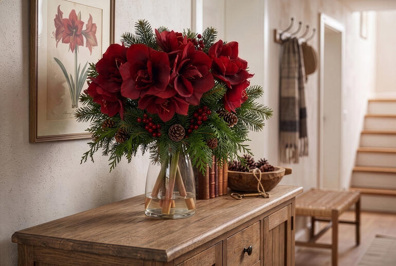 Roten Amaryllisstrauß in einer durchsichtigen Vase auf einem Holzsideboard.