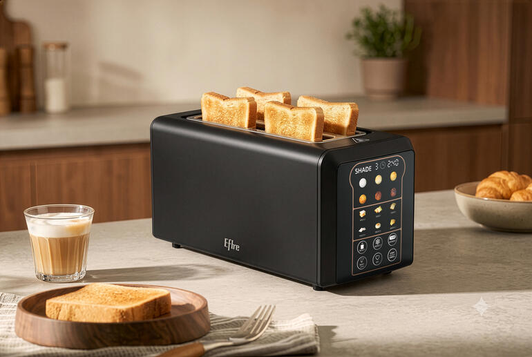 Touchscreen-Toaster mit geröstetem Brot und einem Glas auf einem Tisch.