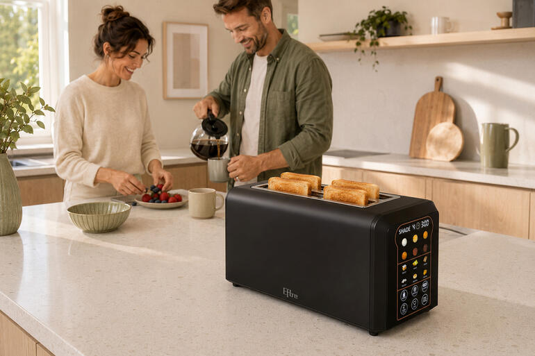 Paar bereitet Frühstück in einer modernen Küche mit einem Toaster vor.