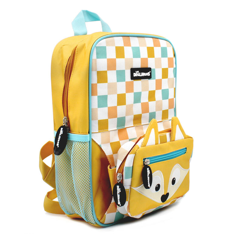 2-in-1 Kinderrucksack mit Bauchtasche in bunten Karomustern, Ansicht von vorne.