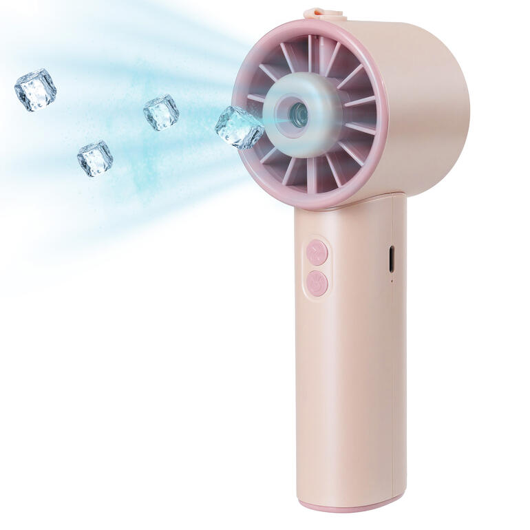 Hydro-Mini-Ventilator in Rosé, der Eiswürfel und Kühle ausstößt.