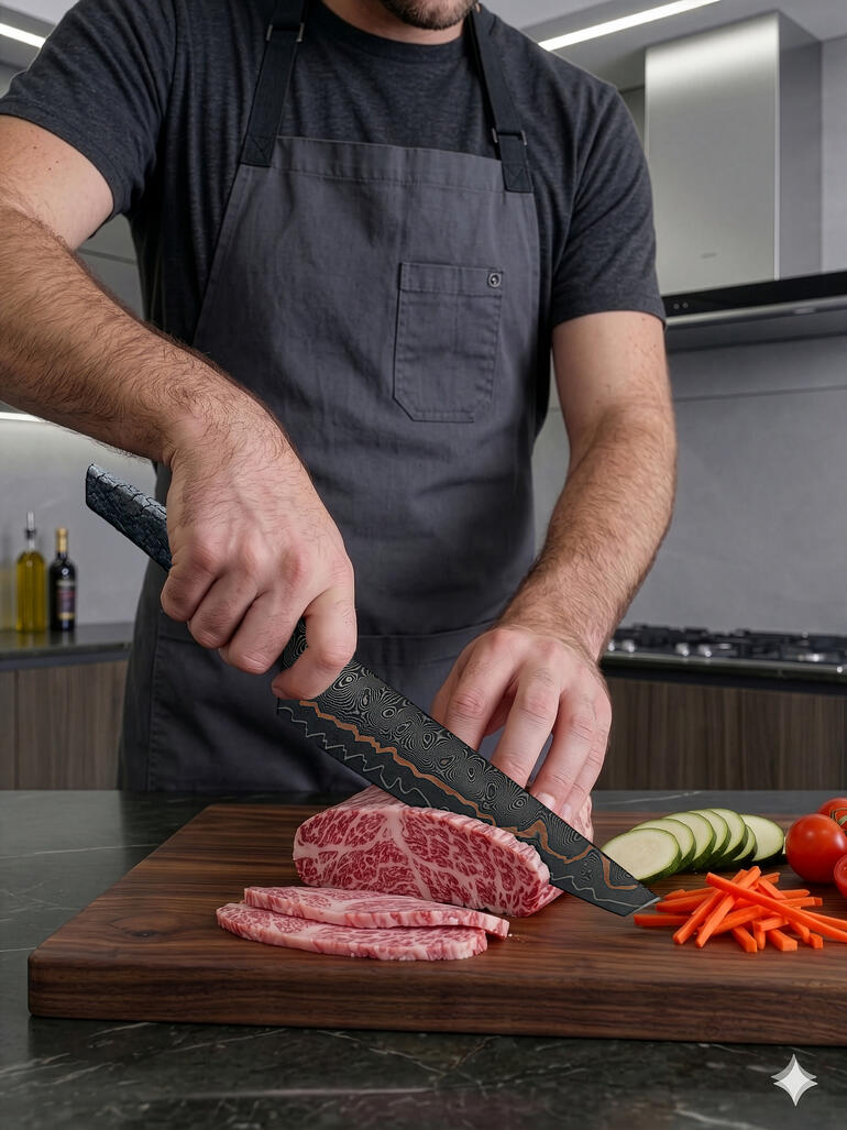 Mann in Schürze schneidet Fleisch mit Cu-Mai-Chefmesser auf einem Holzbrett.