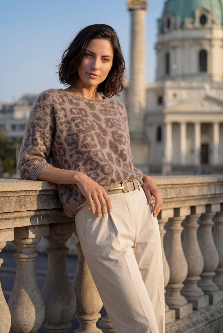 Frau in einem Brushed-Cashmere-Pullover vor einem historischen Gebäude