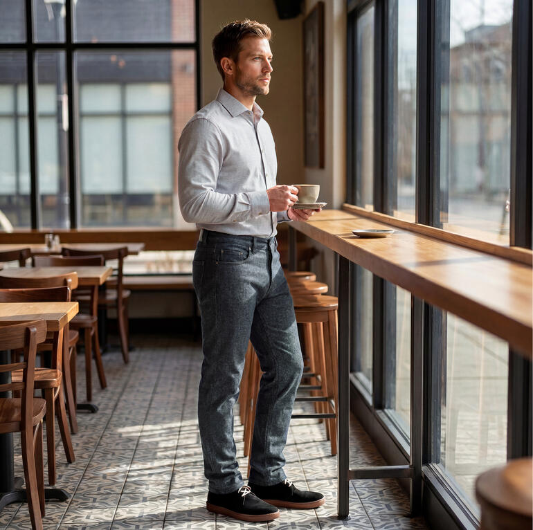 Mann in Woll-Jeans steht vor einem großen Fenster und hält eine Tasse