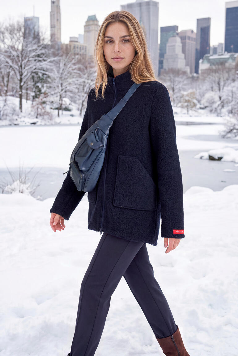 Frau in Woll-Sherpa-Fleecejacket mit Umhängetasche im Schnee