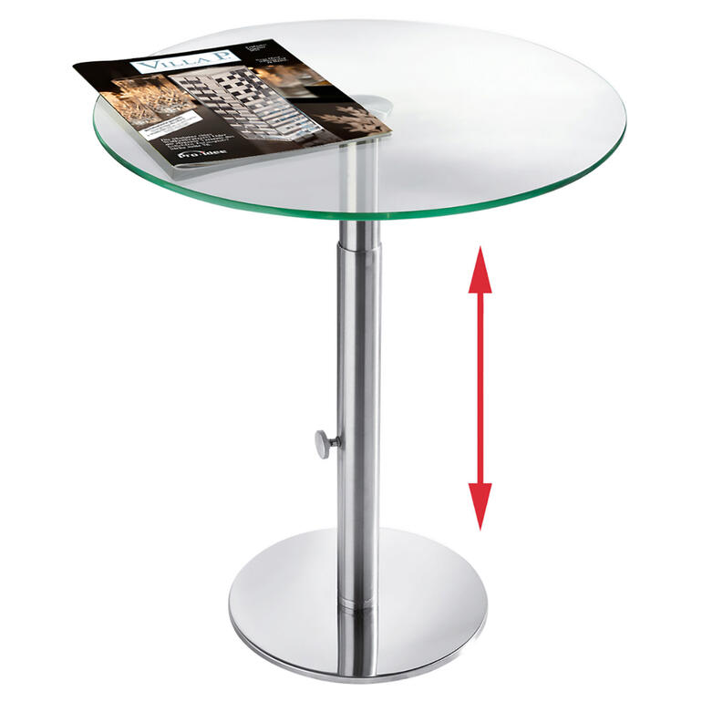 Glas-Beistelltisch mit höhenverstellbarem Metallfuß.