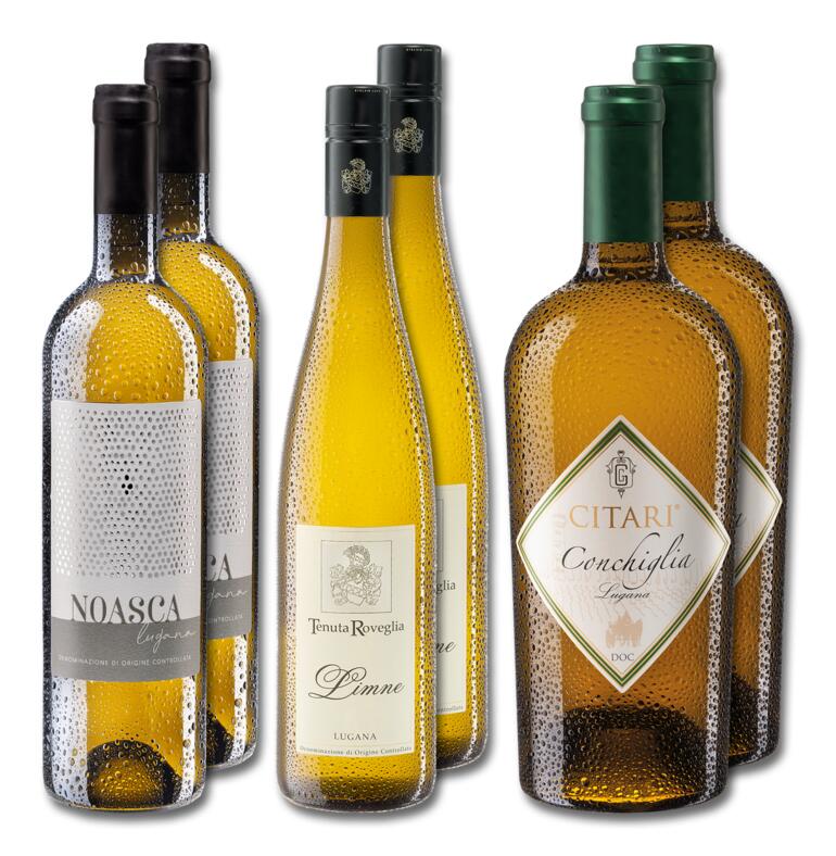 Lugana-Weinset mit verschiedenen Flaschen.