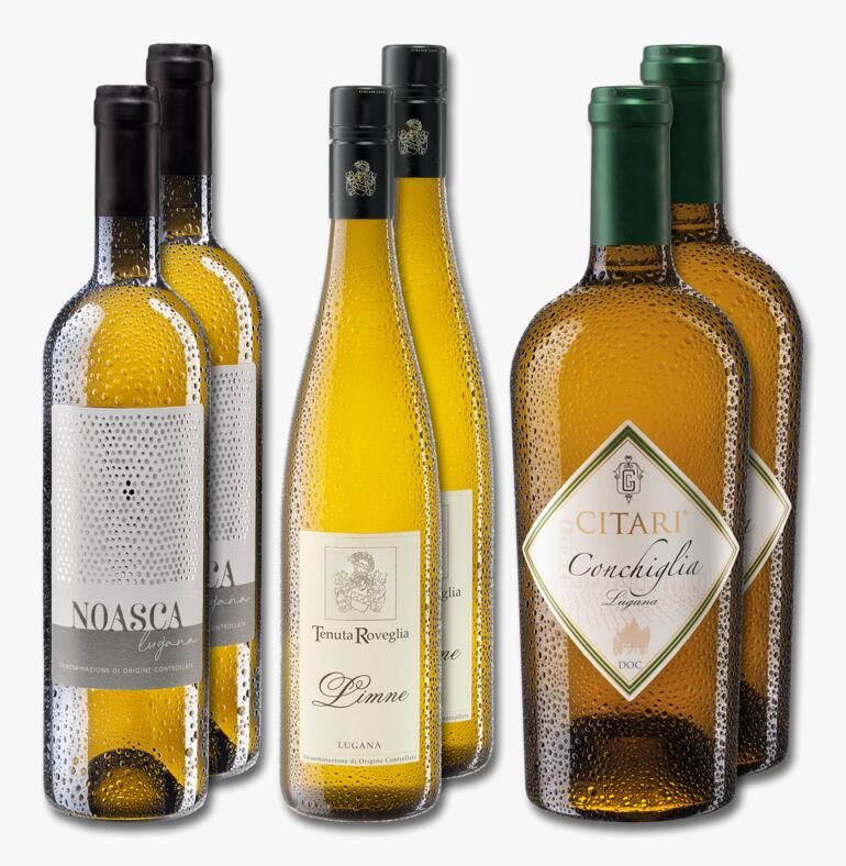 Lugana-Weinset mit verschiedenen Flaschen.