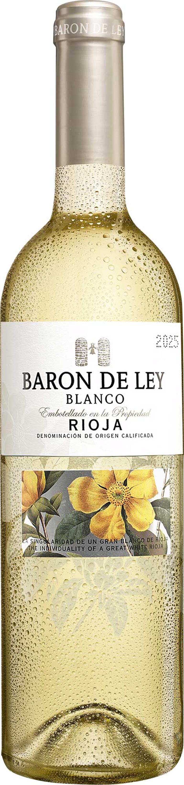 Flasche Rioja Blanco 2025, Baron de Ley mit floraler Etikettierung, halbtransparent.